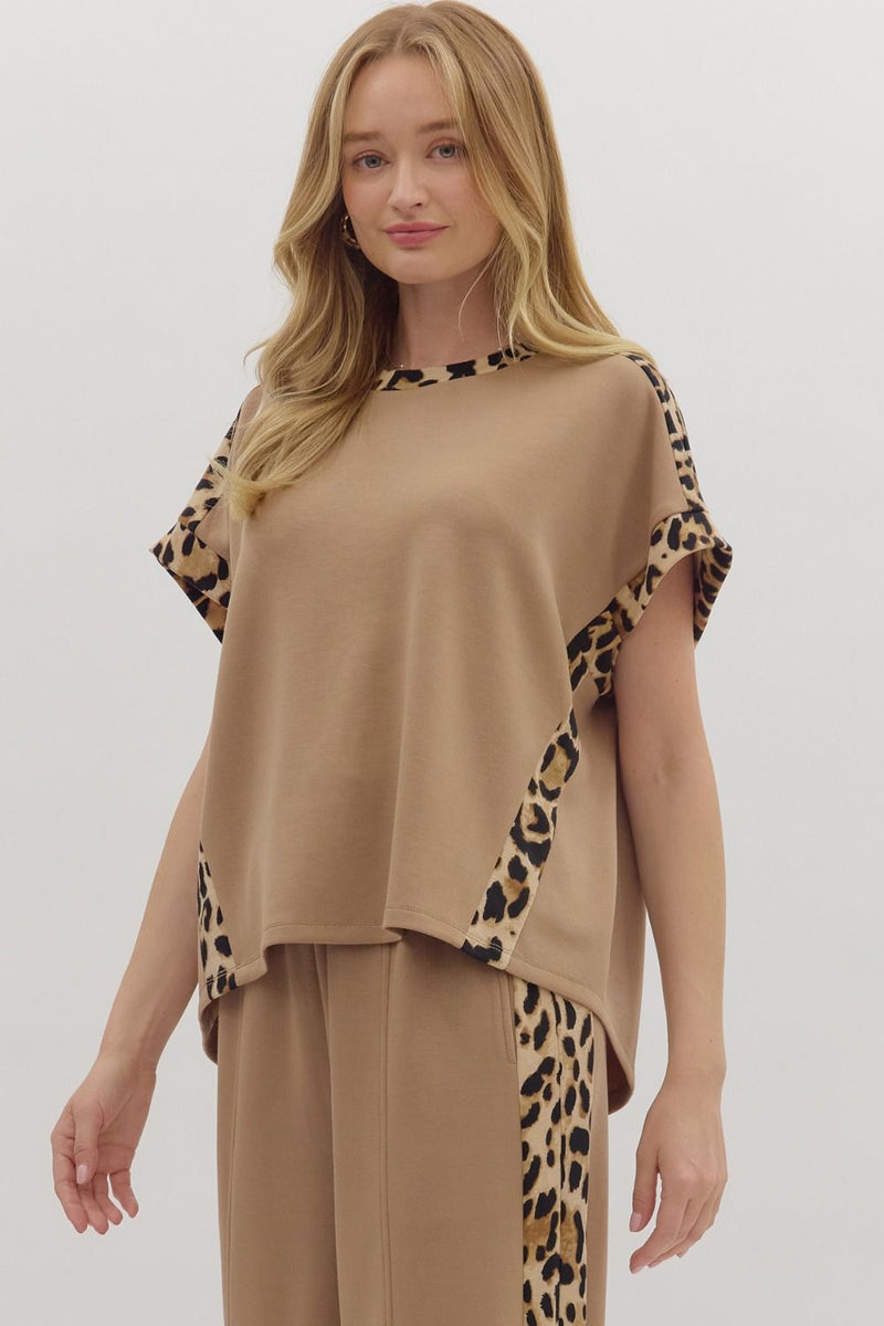 Wild Rouge Leopard Trim Detail Everyday Blouse - Taupe