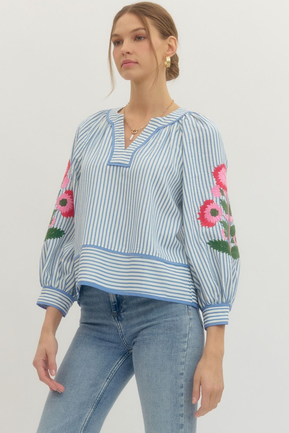 Sunday Stroll Floral + Striped Printed Blouse - Chambray