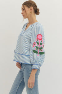 Sunday Stroll Floral + Striped Printed Blouse - Chambray