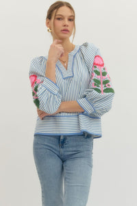 Sunday Stroll Floral + Striped Printed Blouse - Chambray