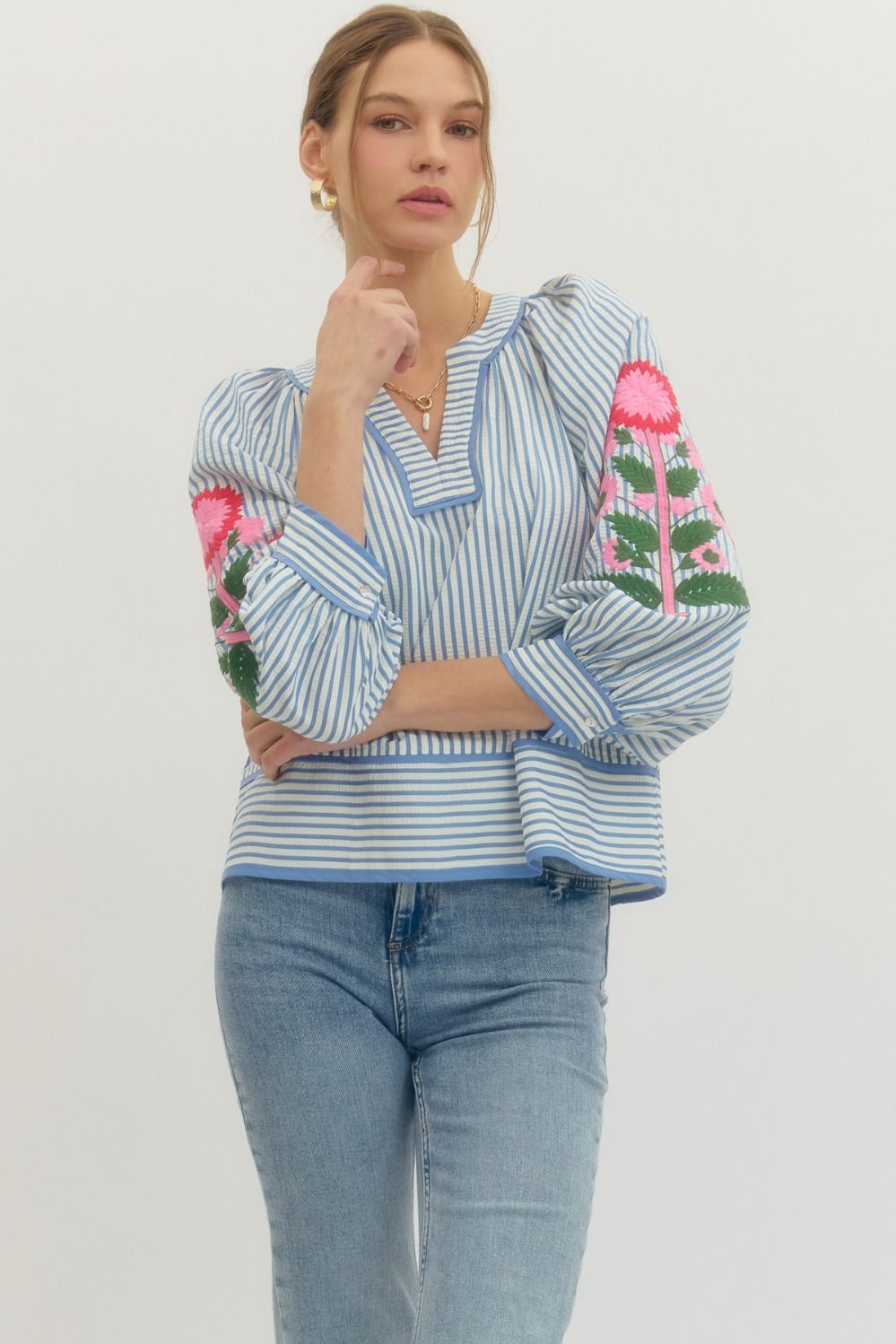 Sunday Stroll Floral + Striped Printed Blouse - Chambray