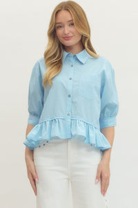 Bluebell Button Down Peplum Blouse - Chambray