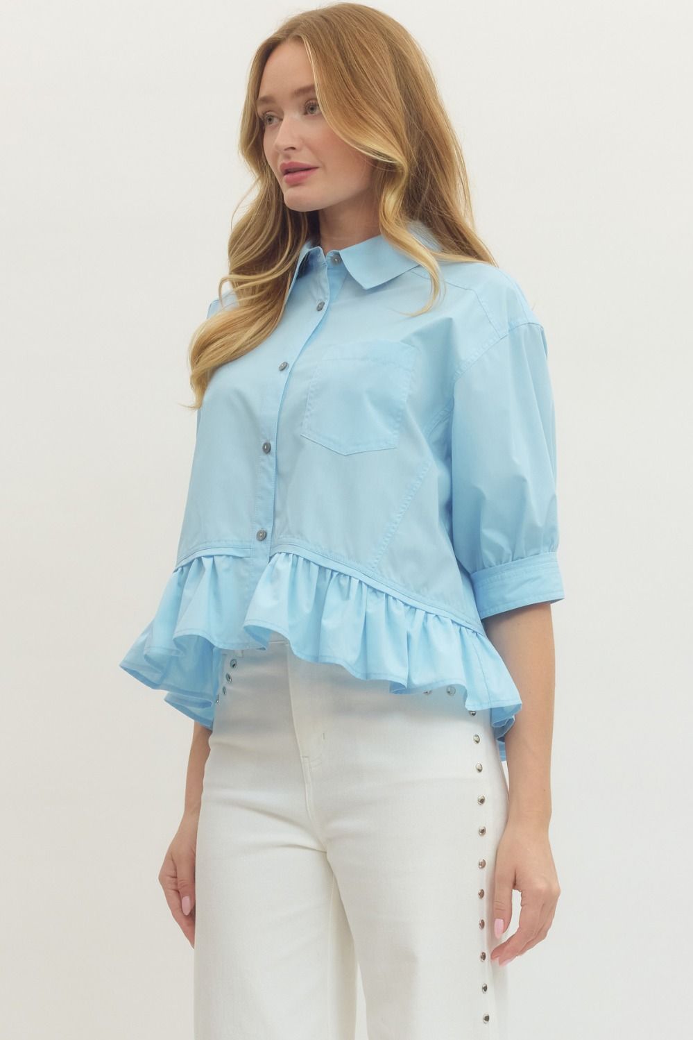 Bluebell Button Down Peplum Blouse - Chambray