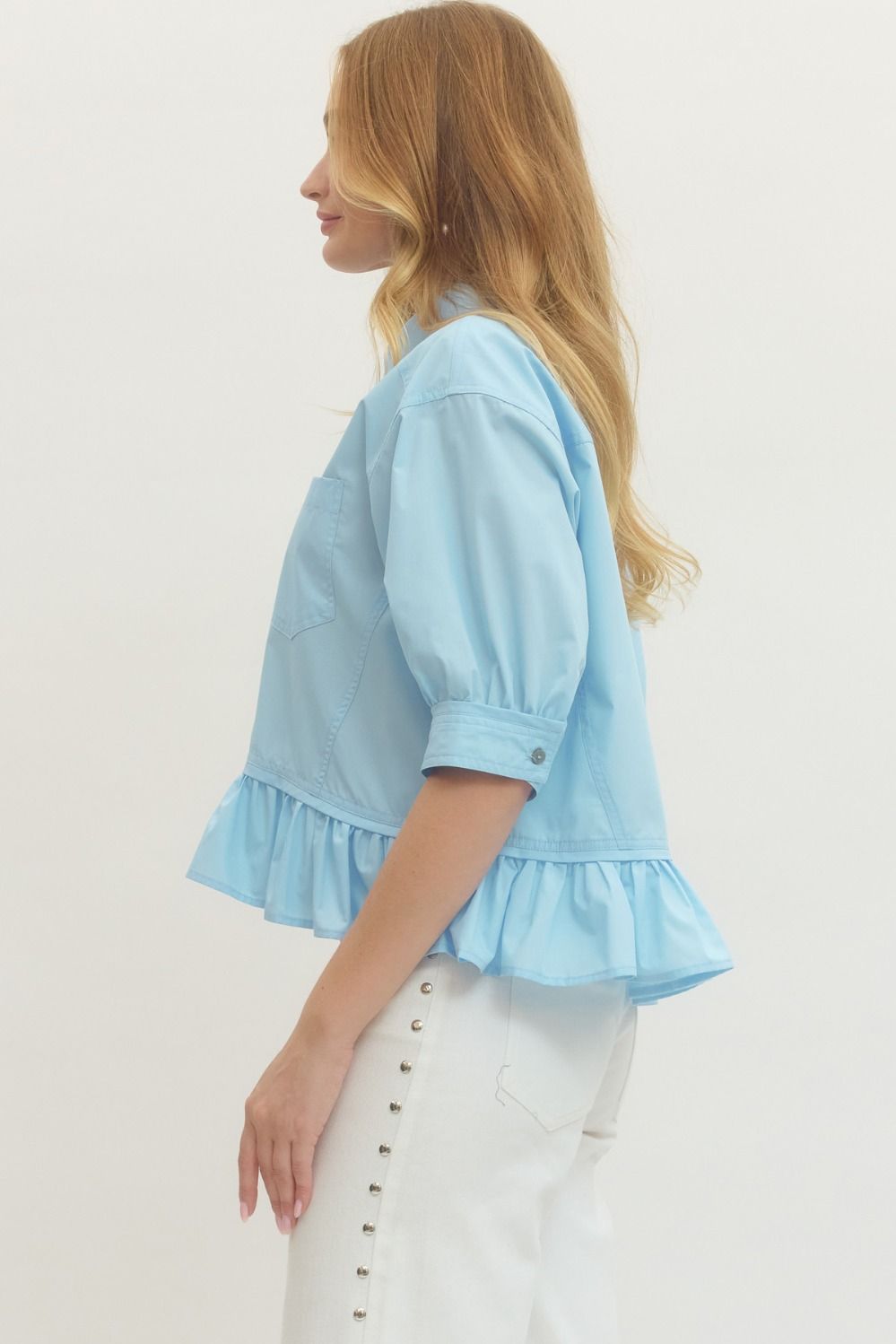 Bluebell Button Down Peplum Blouse - Chambray