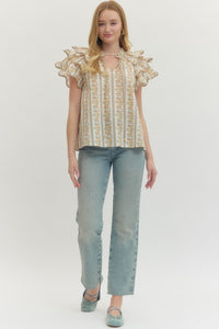 Bloom & Breeze Floral Flutter Sleeve Blouse - ECru