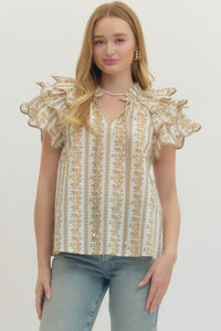 Bloom & Breeze Floral Flutter Sleeve Blouse - ECru