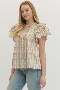 Bloom & Breeze Floral Flutter Sleeve Blouse - ECru