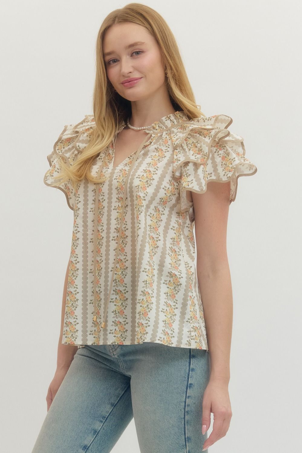 Bloom & Breeze Floral Flutter Sleeve Blouse - ECru