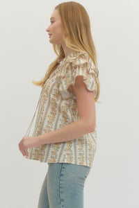 Bloom & Breeze Floral Flutter Sleeve Blouse - ECru
