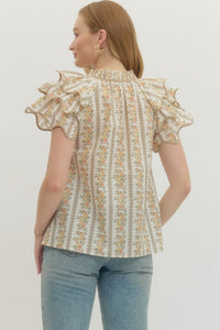 Bloom & Breeze Floral Flutter Sleeve Blouse - ECru