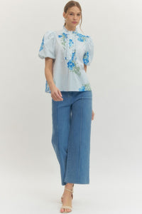 Charleston Blue Floral Puff Sleeve Button Up Top