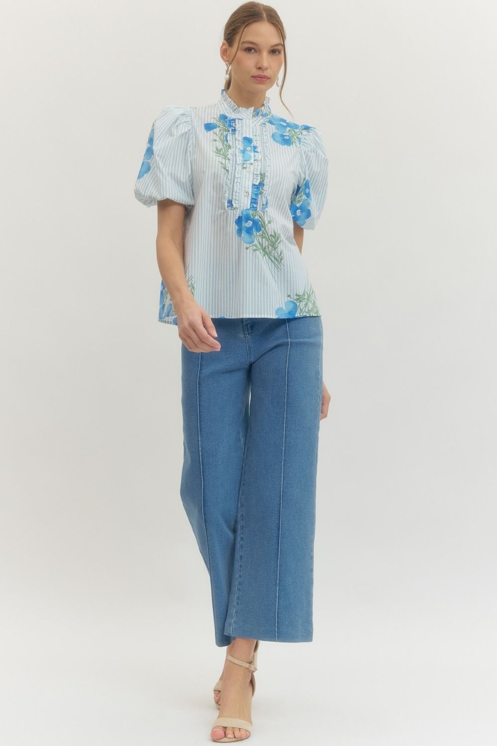Charleston Blue Floral Puff Sleeve Button Up Top