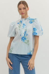 Charleston Blue Floral Puff Sleeve Button Up Top