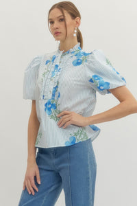 Charleston Blue Floral Puff Sleeve Button Up Top