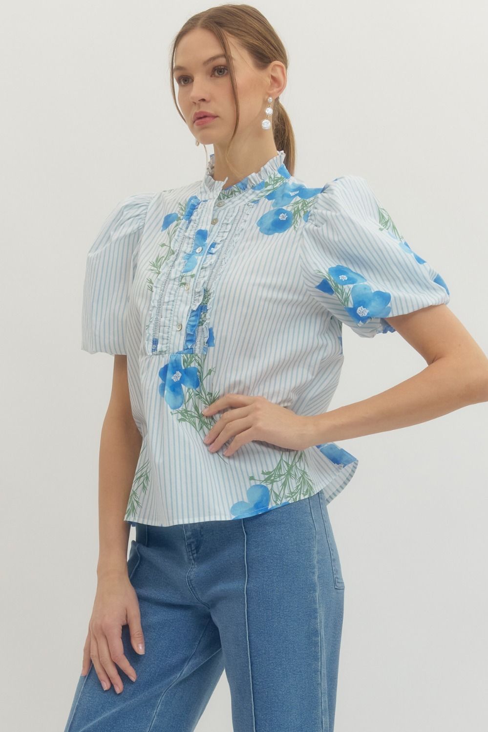 Charleston Blue Floral Puff Sleeve Button Up Top