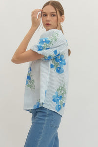 Charleston Blue Floral Puff Sleeve Button Up Top