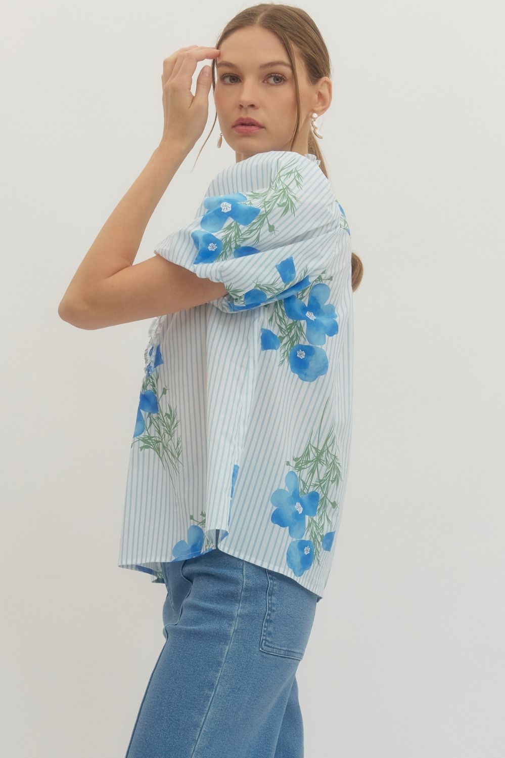 Charleston Blue Floral Puff Sleeve Button Up Top