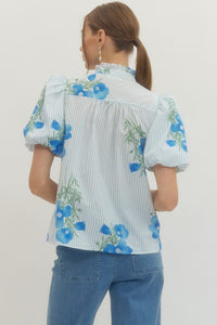 Charleston Blue Floral Puff Sleeve Button Up Top