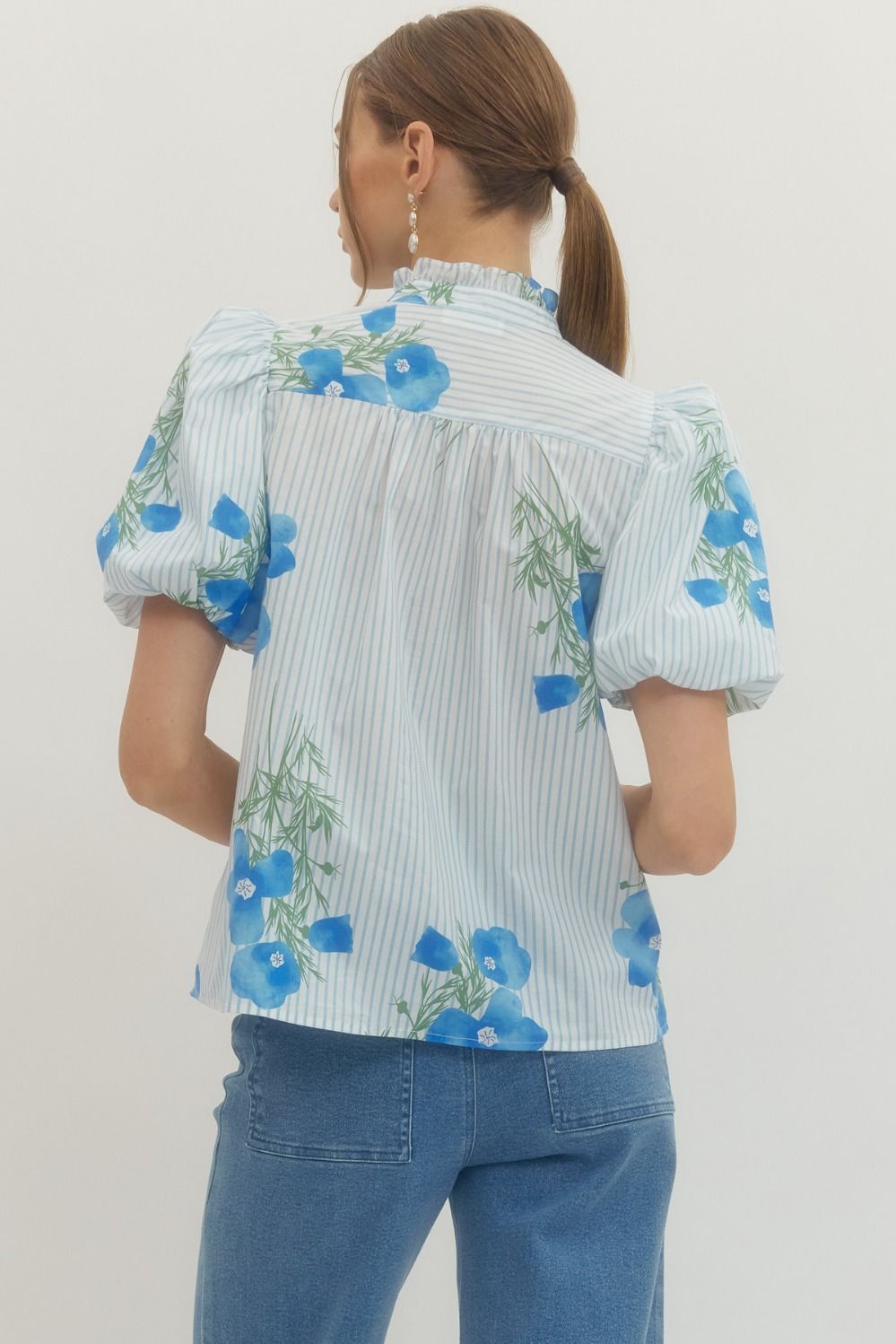 Charleston Blue Floral Puff Sleeve Button Up Top