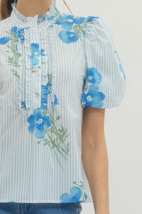 Charleston Blue Floral Puff Sleeve Button Up Top