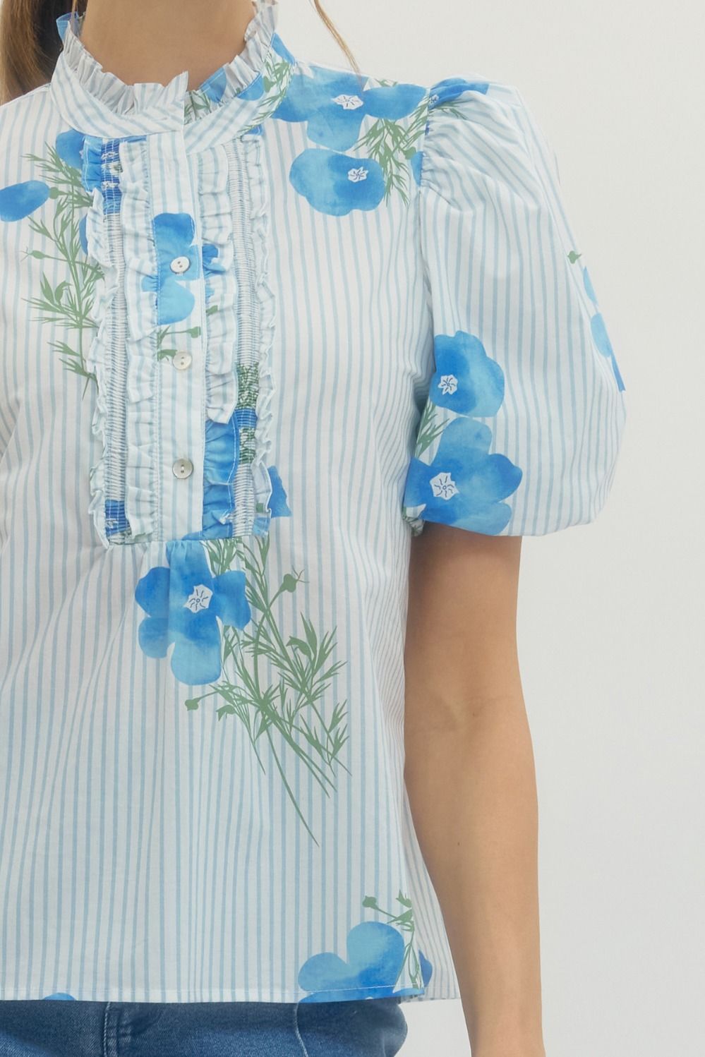 Charleston Blue Floral Puff Sleeve Button Up Top