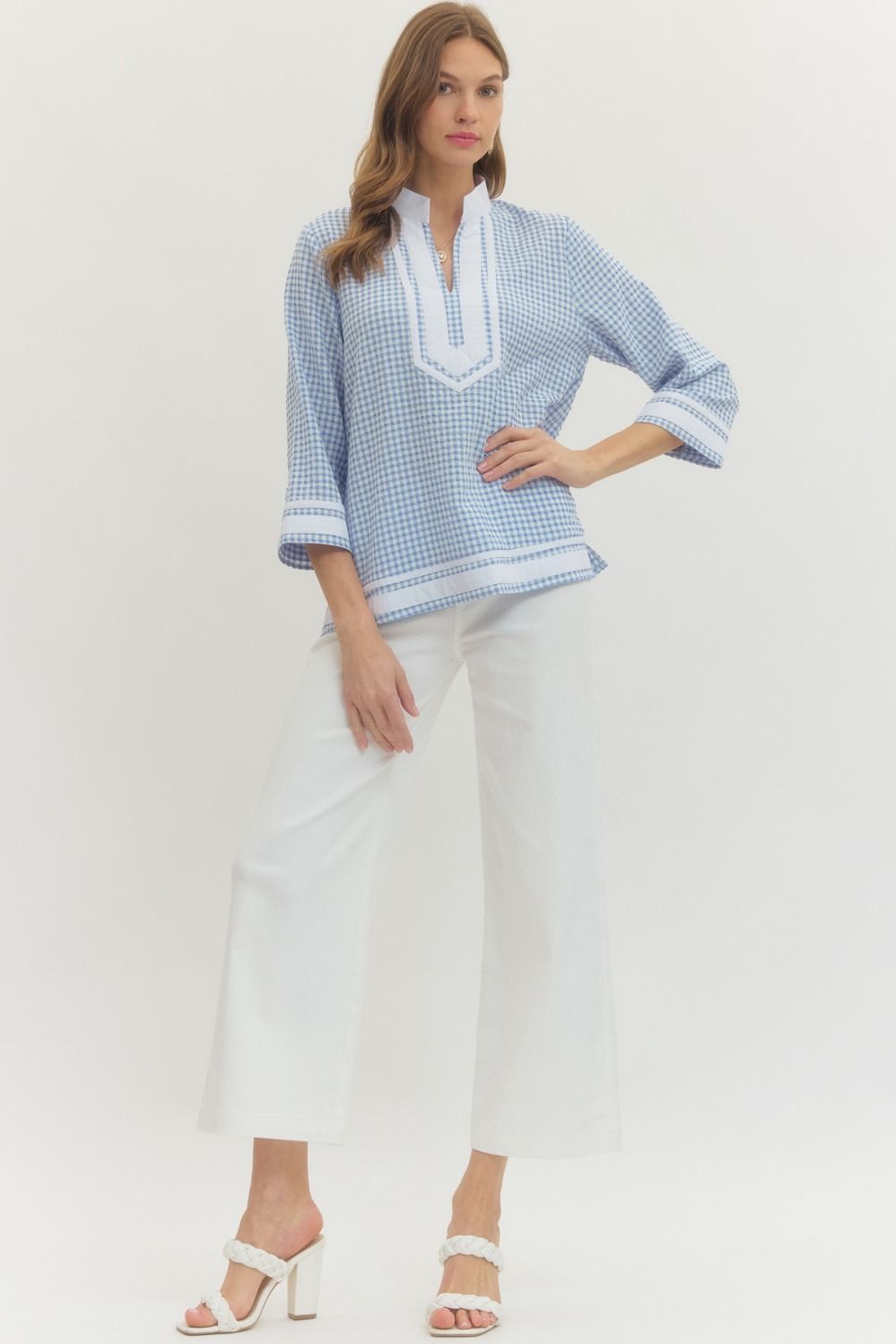 Checkmate Contrast Gingham Printed Blouse - Blue