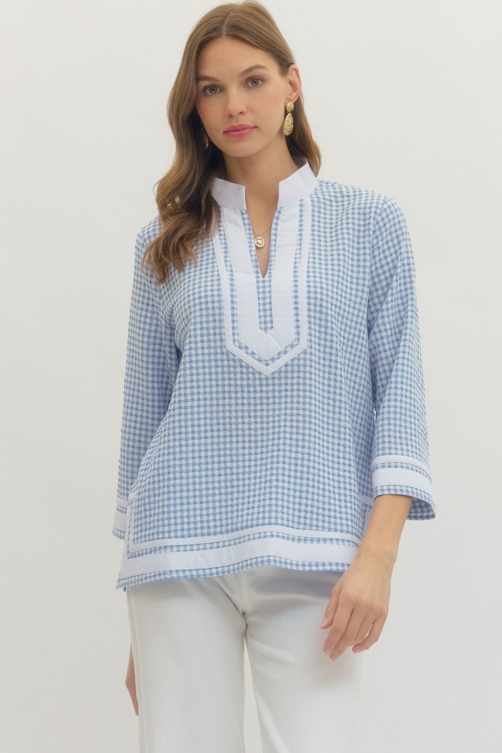 Checkmate Contrast Gingham Printed Blouse - Blue