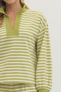 Limelight Stripes Long Sleeve V Neck Pullover - Matcha