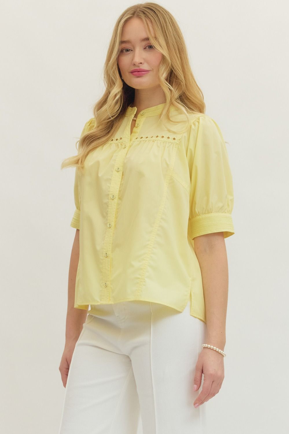 Lemon Drop Puff Sleeve Button Up Top - Yellow
