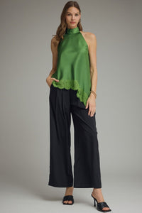 Emerald Affair Lace Trim Halter Top - Pine