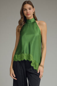 Emerald Affair Lace Trim Halter Top - Pine