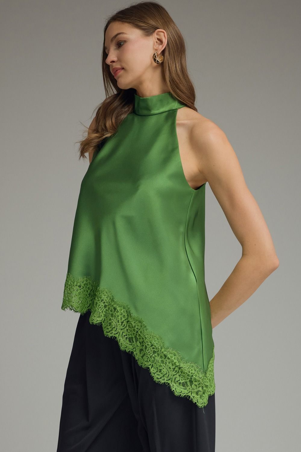 Emerald Affair Lace Trim Halter Top - Pine