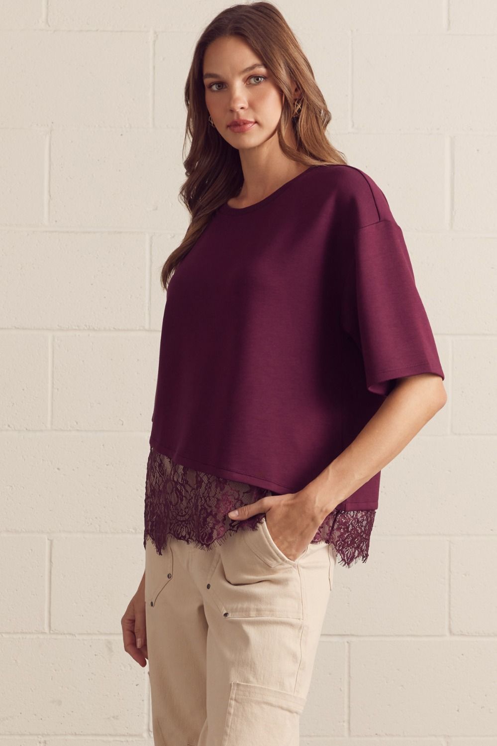 Legacy & Lace Scallop Detailed Blouse in Maroon