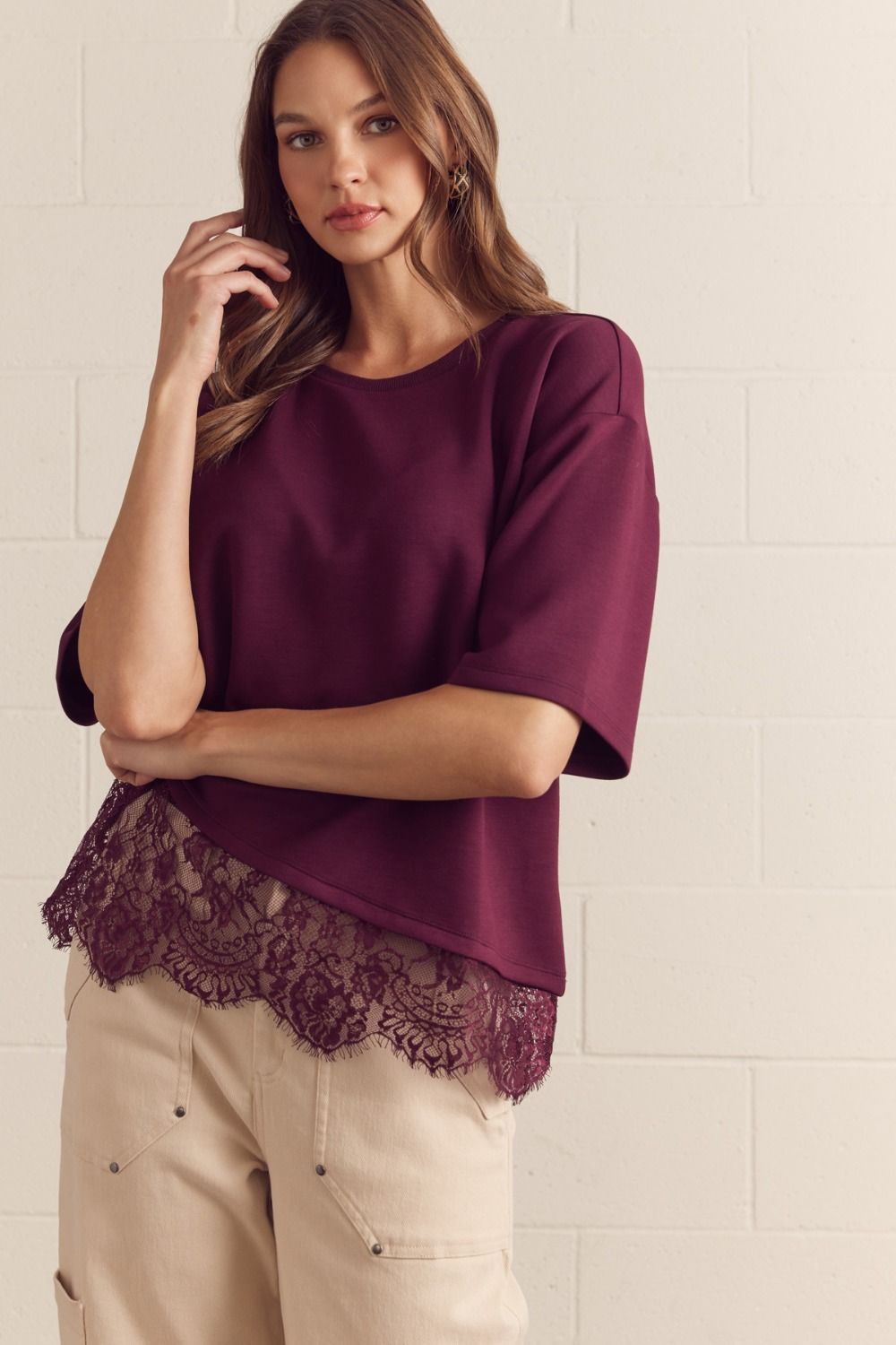 Legacy & Lace Scallop Detailed Blouse in Maroon