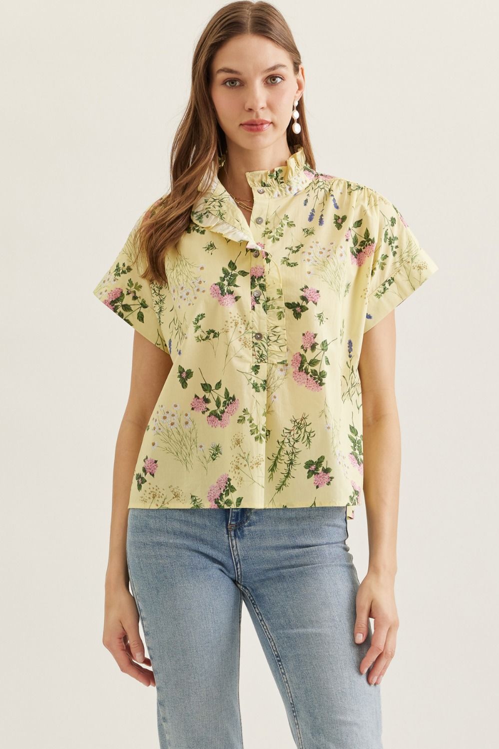 Sunny Side Floral Printed Ruffle Top - Lemon