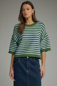 Fairway Striped Short Sleeve Knit Top - Green