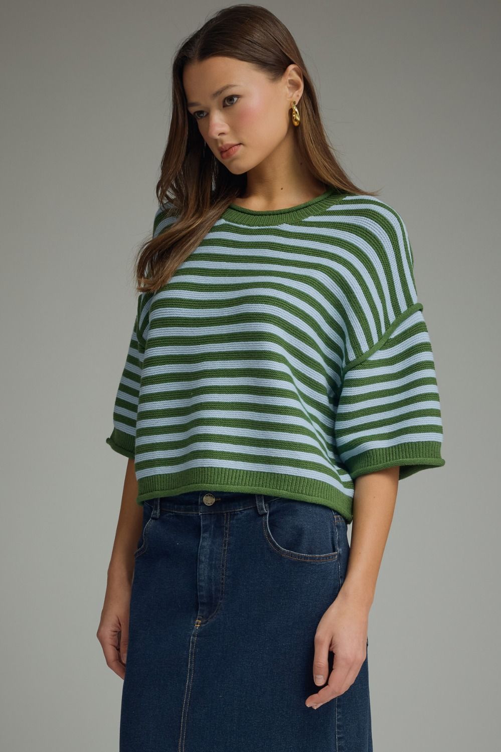 Fairway Striped Short Sleeve Knit Top - Green