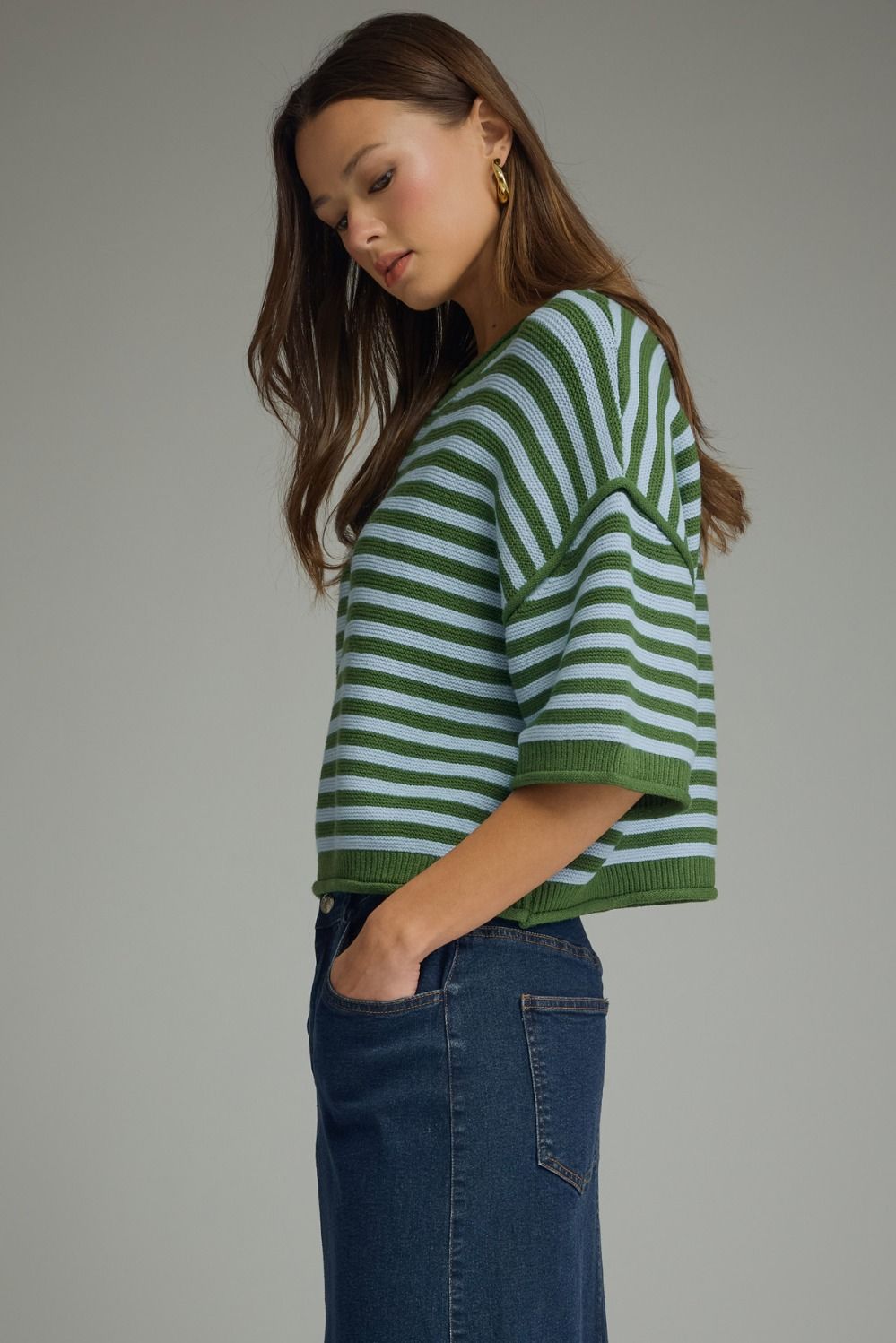 Fairway Striped Short Sleeve Knit Top - Green