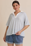 Pure Bliss Relaxed Striped Polo Blouse - Light Blue