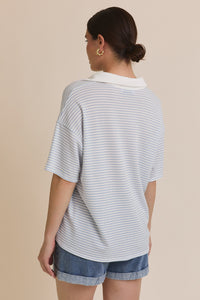 Pure Bliss Relaxed Striped Polo Blouse - Light Blue