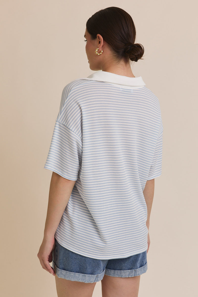Pure Bliss Relaxed Striped Polo Blouse - Light Blue