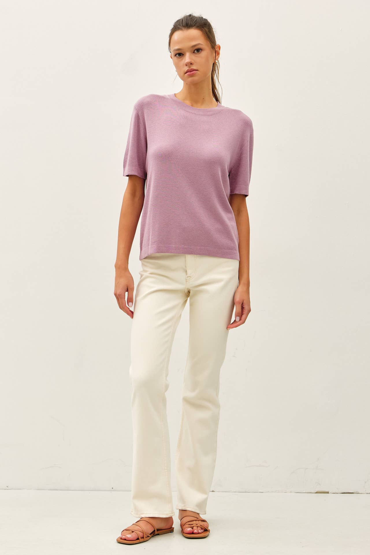 Cozy Cashmere Blend Knit Short Sleeve Top - Lavender