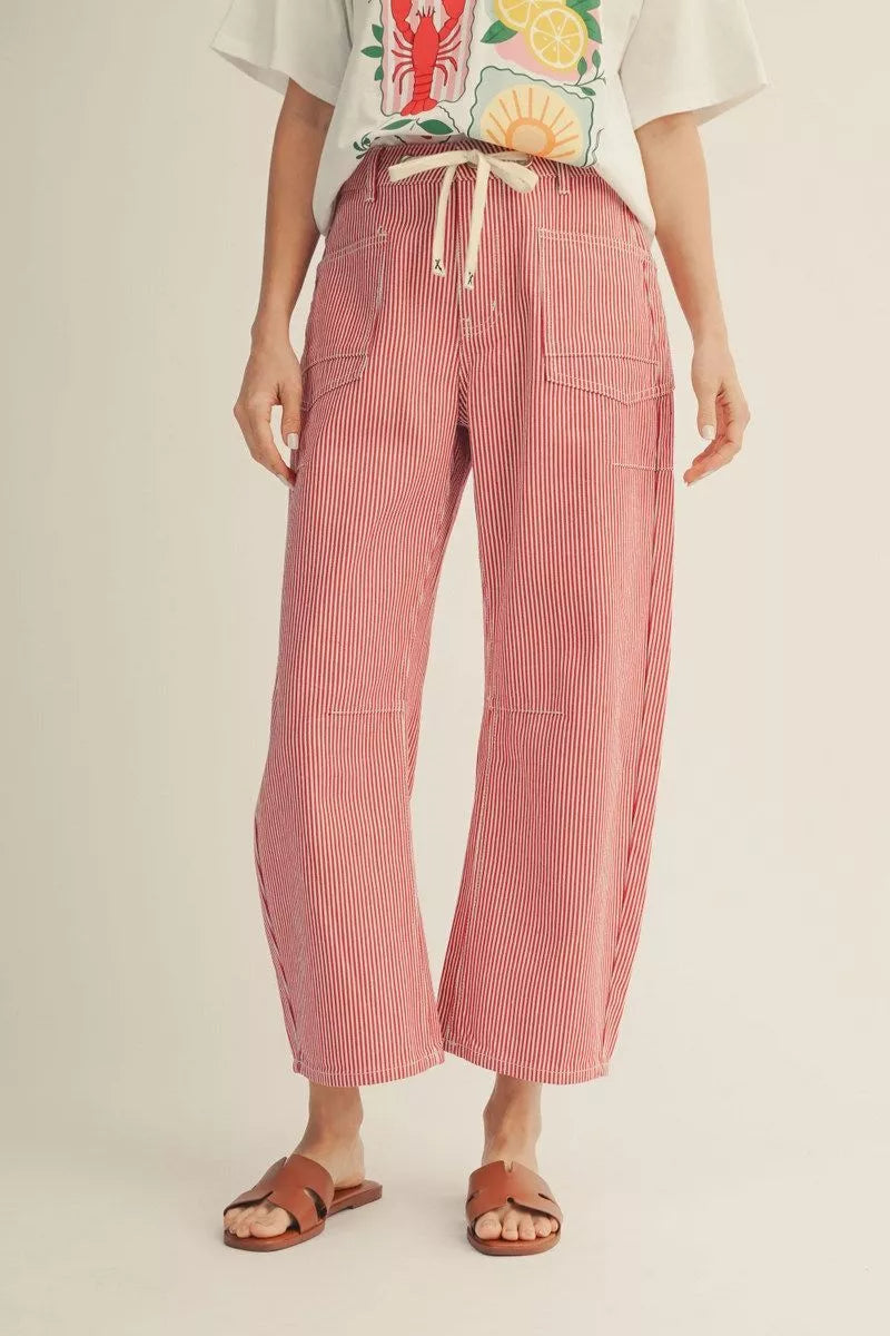Cherry Gelato Striped Drawstring Barrel Pants - Red