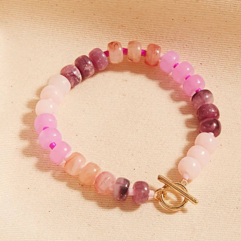 Flat Round Resin Bead Ombre Mixed Stretch Bracelet - Pink Mix