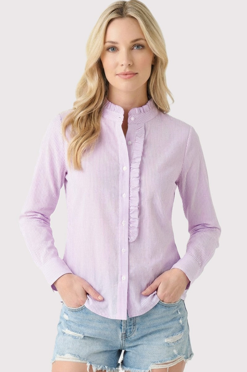 Lilac Whisper Frill Neck Pinstripe Button Up
