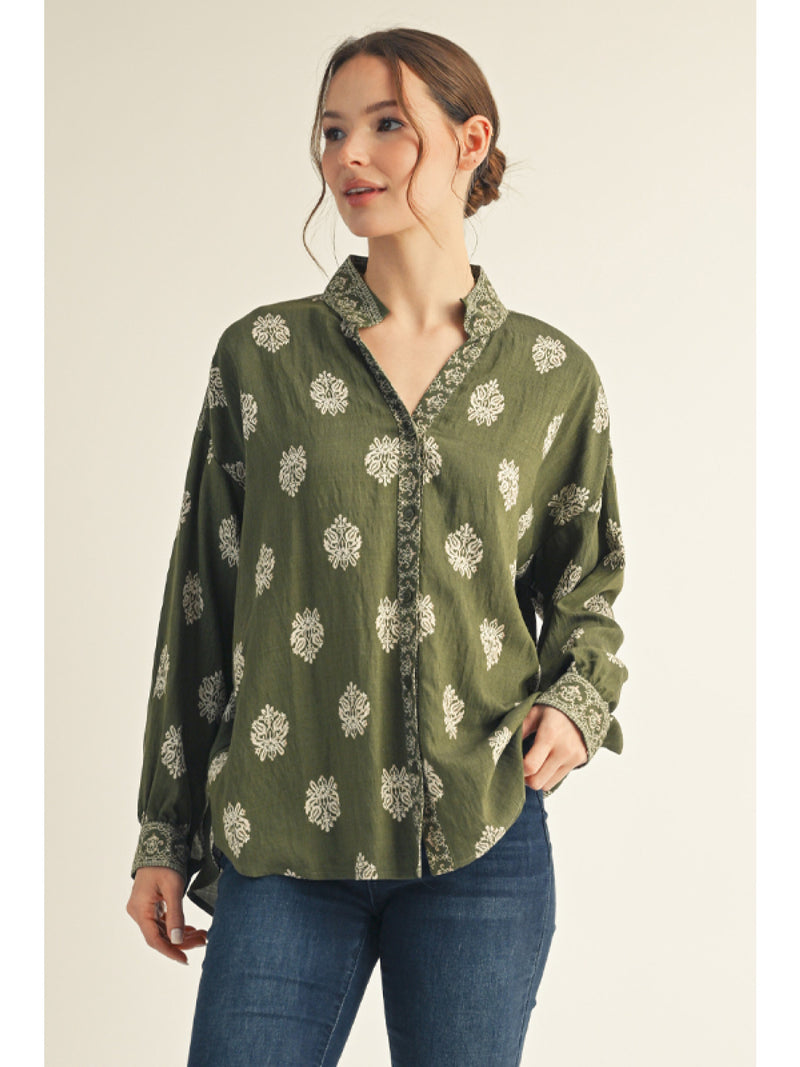 Fern & Fleur Printed Button Up Top - Olive