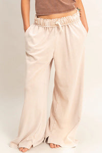 Off-Duty Fold Over Drawstring Wide Leg Lounge Pants - Dark Taupe