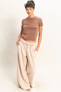 Off-Duty Fold Over Drawstring Wide Leg Lounge Pants - Dark Taupe