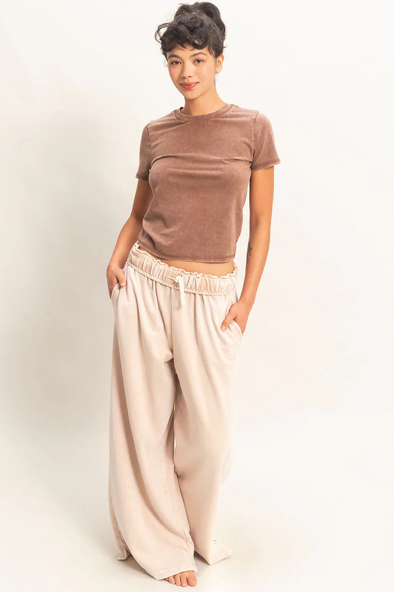 Off-Duty Fold Over Drawstring Wide Leg Lounge Pants - Dark Taupe