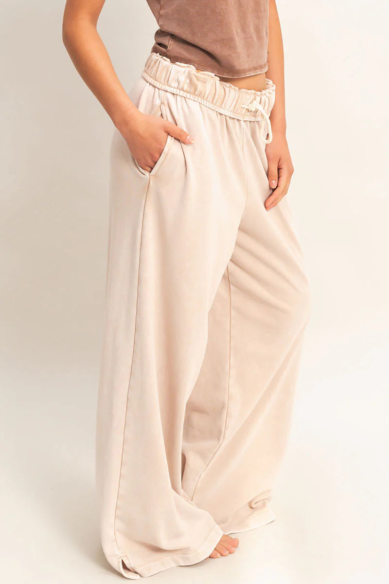 Off-Duty Fold Over Drawstring Wide Leg Lounge Pants - Dark Taupe
